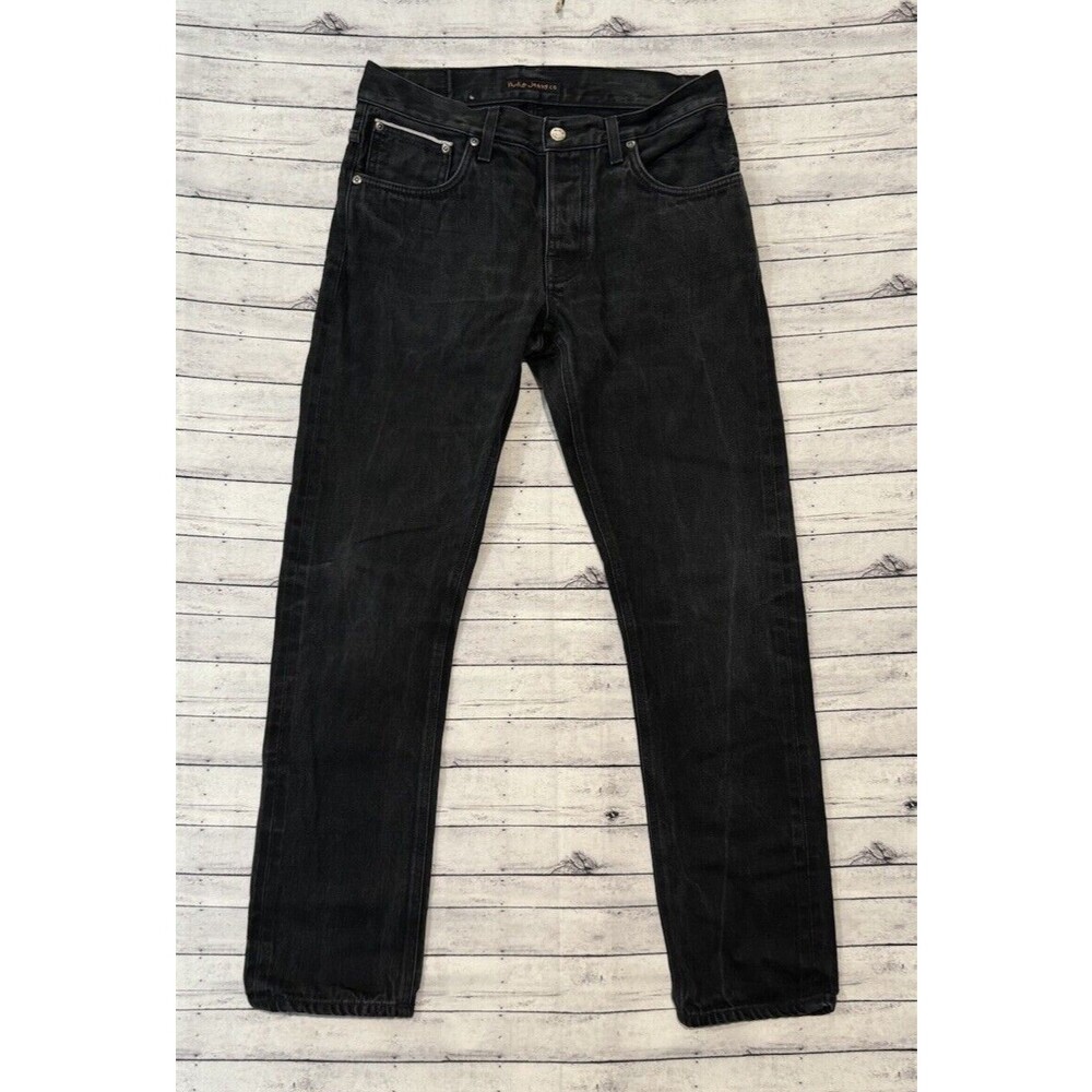 NUDIE Mens Dry Black Selvedge Slim Jeans 32x32 Grim Tim Organic Cotton Stretch
